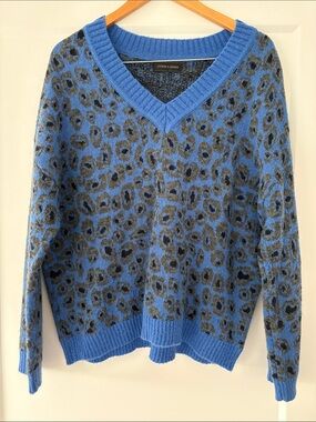 Storm & Marie Blue Leopard-Print V-Neck Sweater